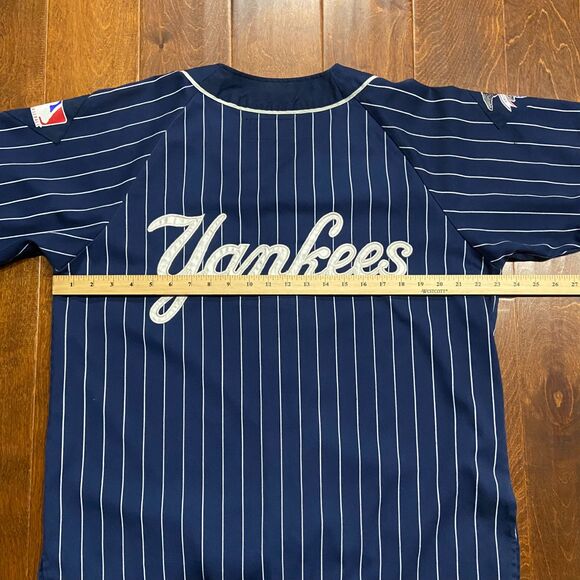 STARTER Vintage 90s MLB New York Yankees Baseball Jersey Navy White Pinstripe L - Picture 8 of 9